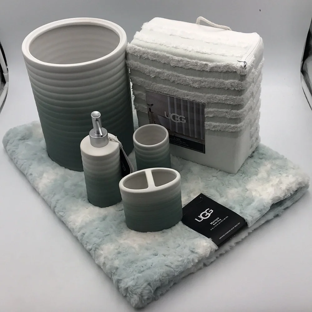 6 Pc Set Ugg Fluff Ombre Ceramic Bath Set Marissa Bath Mat Caia Shower Curtain